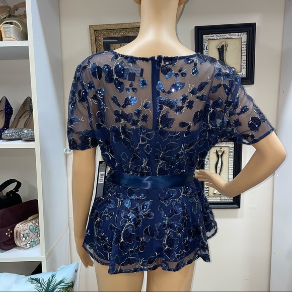 Tahari Arthur S. Levine NWT! Navy/Gold Floral Embroidery Sequins Blouse Size L - Picture 8 of 17